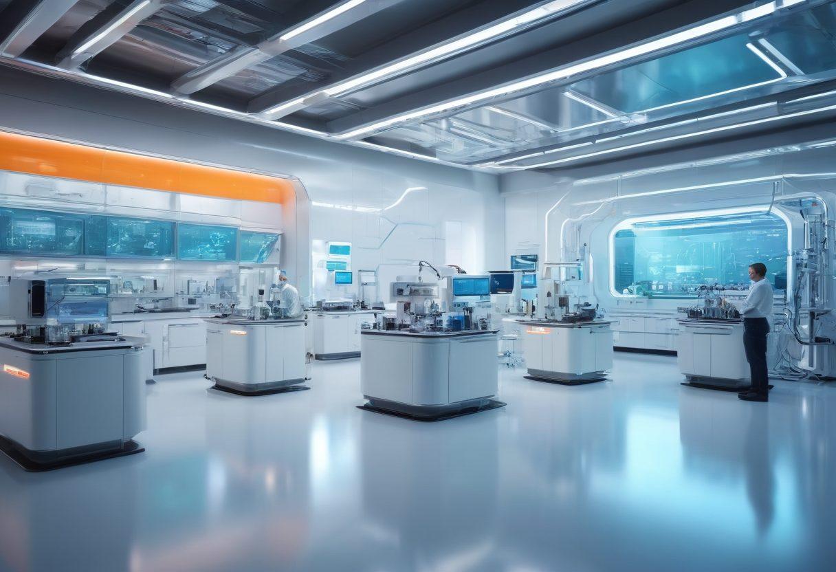 A futuristic laboratory scene showcasing advanced lubrication technology, with scientists working on synthetic lubricants and eco-friendly solutions. Illustrate cutting-edge machinery, sustainable resources, and molecular structures in the background. high-tech, clean and bright setting. 3D graphics. vibrant colors.