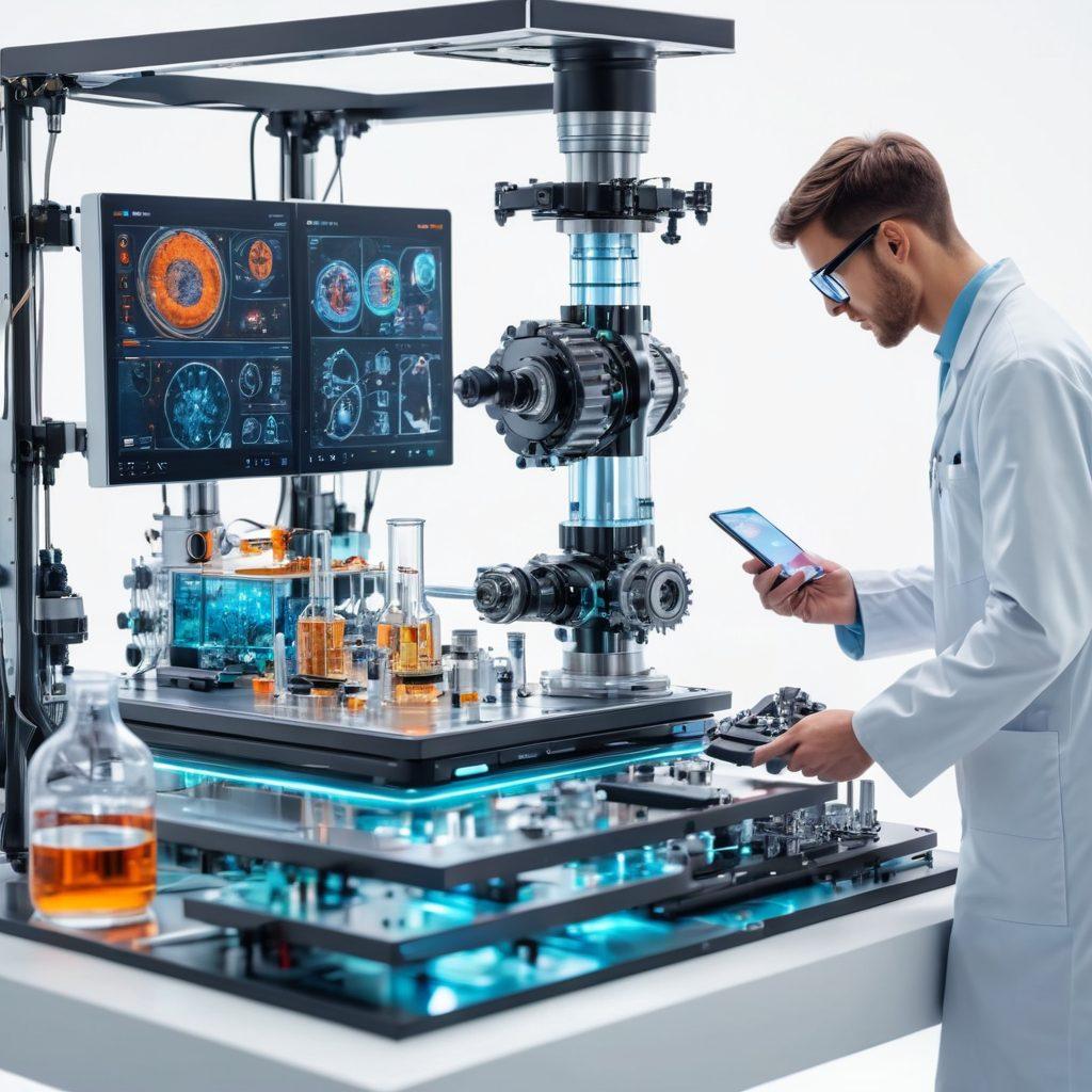 A futuristic laboratory setting showcasing advanced machinery and equipment used in tribology and lubrication engineering; scientists analyzing interfaces with holographic displays, mechanical gears, and nano-materials glowing with vibrant energy. High-tech instruments, fluid dynamics simulations, and lubricants with nanoscale precision detail. Super-realistic. Vibrant colors. White background.